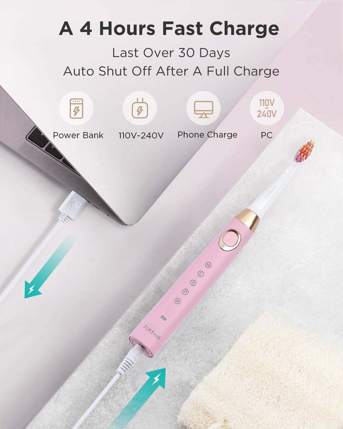 Fairywill Sonic Electric Toothbrush ADA Accepted FW508 Smart Timer Combination USB Rechargeable for Adult Dental Healthy Modes