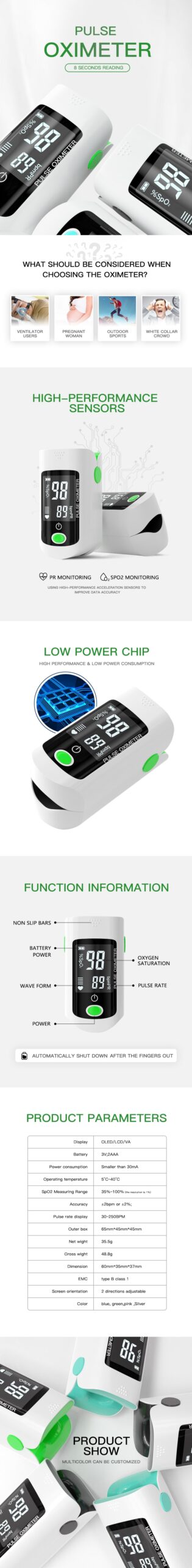Finger Oximeter Digital Fingertip Pulse Oximeter Blood Oxygen Saturation Meter Finger SPO2 PR Heart Rate Monitor Health Care