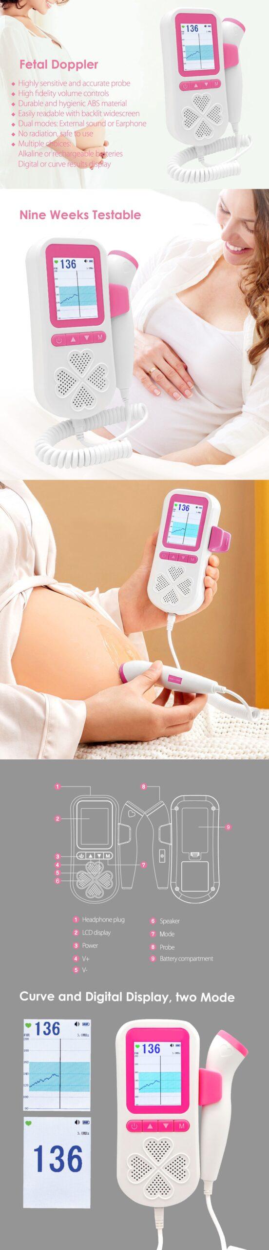 Digital Curve 3.0MHz Ultrasound Fetal Doppler Baby Heart Beat 0 Radiation Pregnant Gravida Infant Heart Rate Monitor Dual Mode