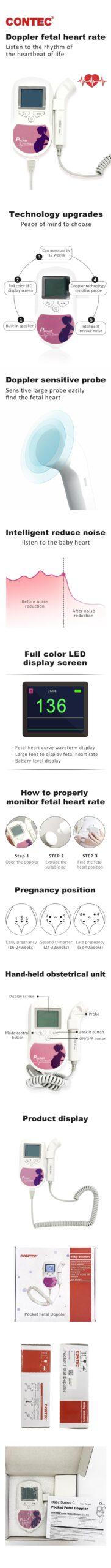 CONTEC fetal heart rate monitor Doppler backlight LCD Pink / Blue + free gel 2Mhz 3MHz 8Mhz probe baby heart monitor probe