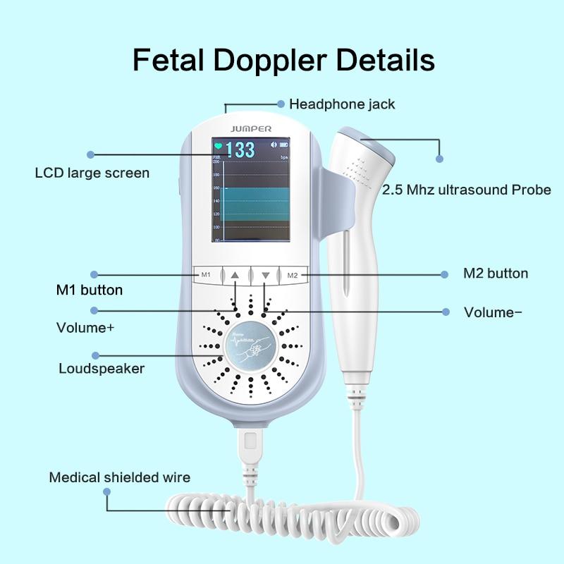 JUMPER 100E Fetal Doppler Ultrasound Baby Heartbeat Detector Home Pregnant large sreen Baby Heart Rate Monitor Pocket Doppler