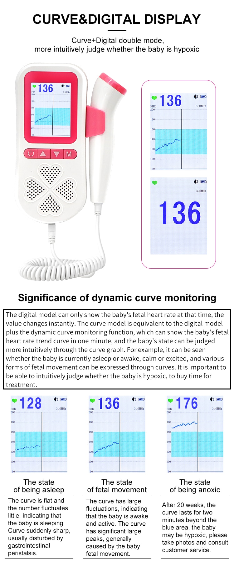 Chargeable Fetal Doppler Pregnant 3.0Mhz Upgrade Probe For Pregnant Doppler Fetal Baby Heart Rate Monitor USB Charging Free box