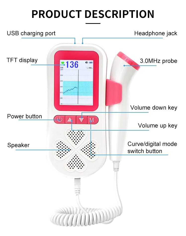 Chargeable Fetal Doppler Pregnant 3.0Mhz Upgrade Probe For Pregnant Doppler Fetal Baby Heart Rate Monitor USB Charging Free box