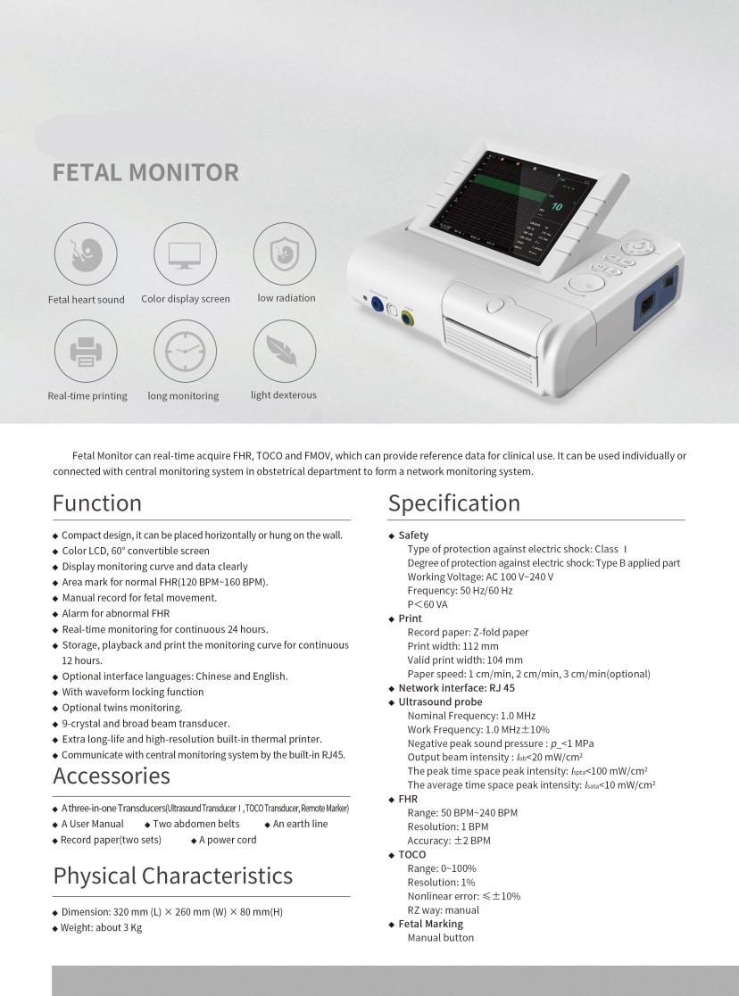 Contec CMS800G Color Display Fetal Monitor Twins Probe Real-time Printing Acquire Abnormal FHR,TOCO,FMOV 3 in 1Transducers Alarm