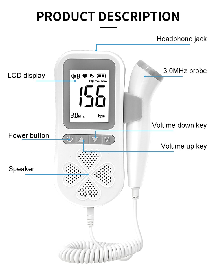 Update 3.0MHZ Fetal Doppler Heart Rate Monitor Home Foetus Baby Pregnancy Sound Heartbeat Detector Display LCD Without Radiation