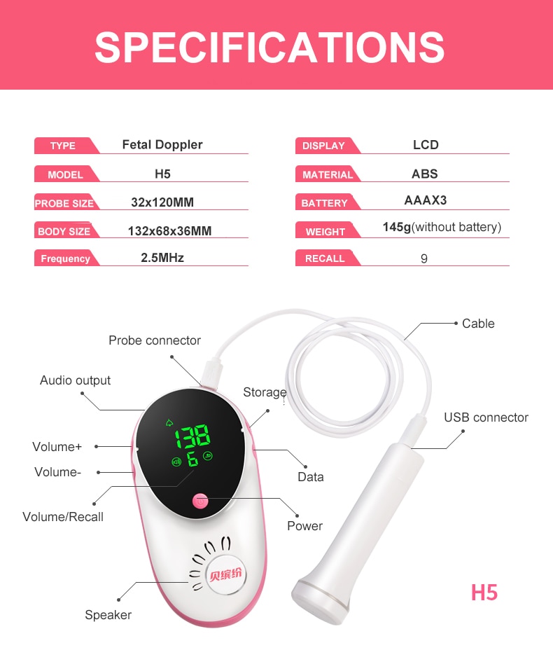 ELERA Fetal Doppler Heartbeat Detector Portable Ultrasound Pregnant Baby Heart Rate Monitor LCD 2.5MHz Pocket Vascular Doppler