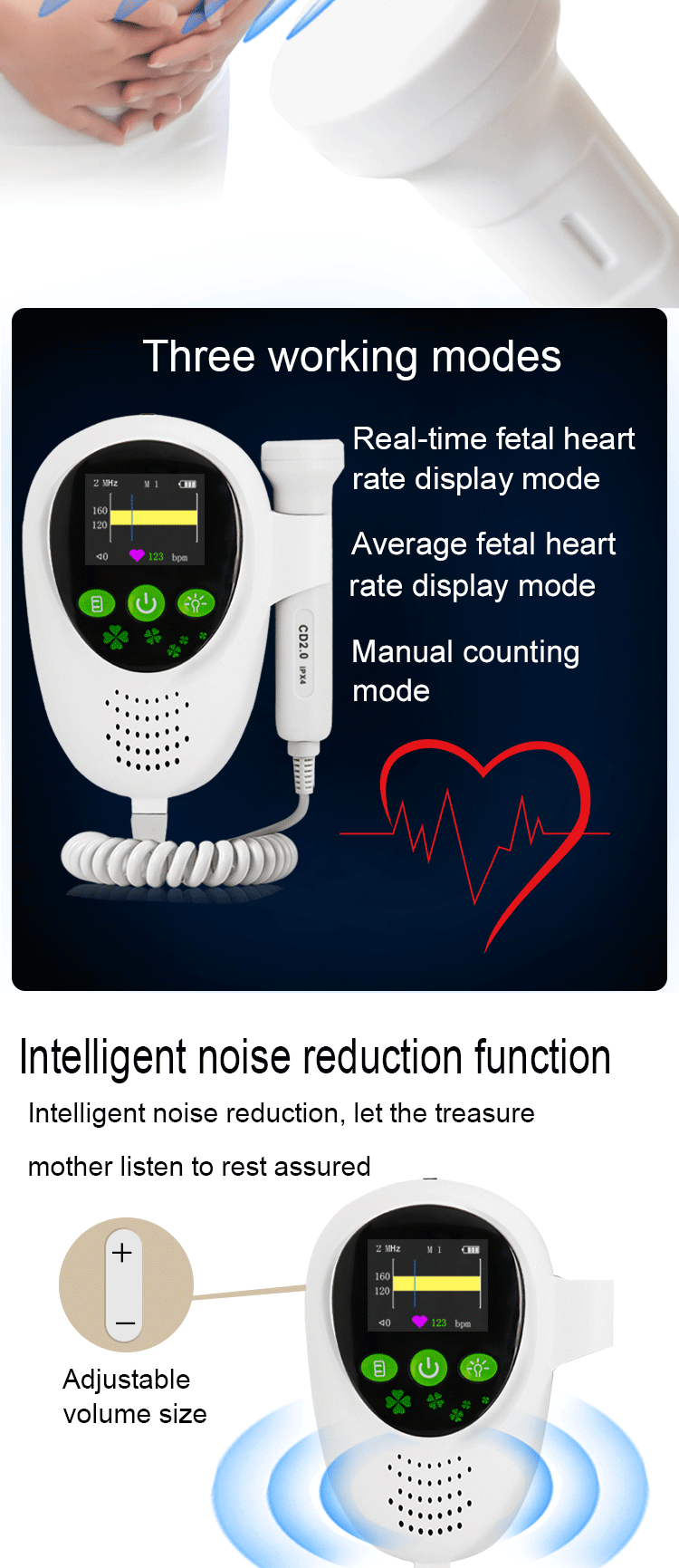 Fetal Doppler Heart Beat Monitor with Free GeL 2Mhz 3mhz Probe Baby Heart Monitor Probe Display the Fetal Heartbeat Waveform