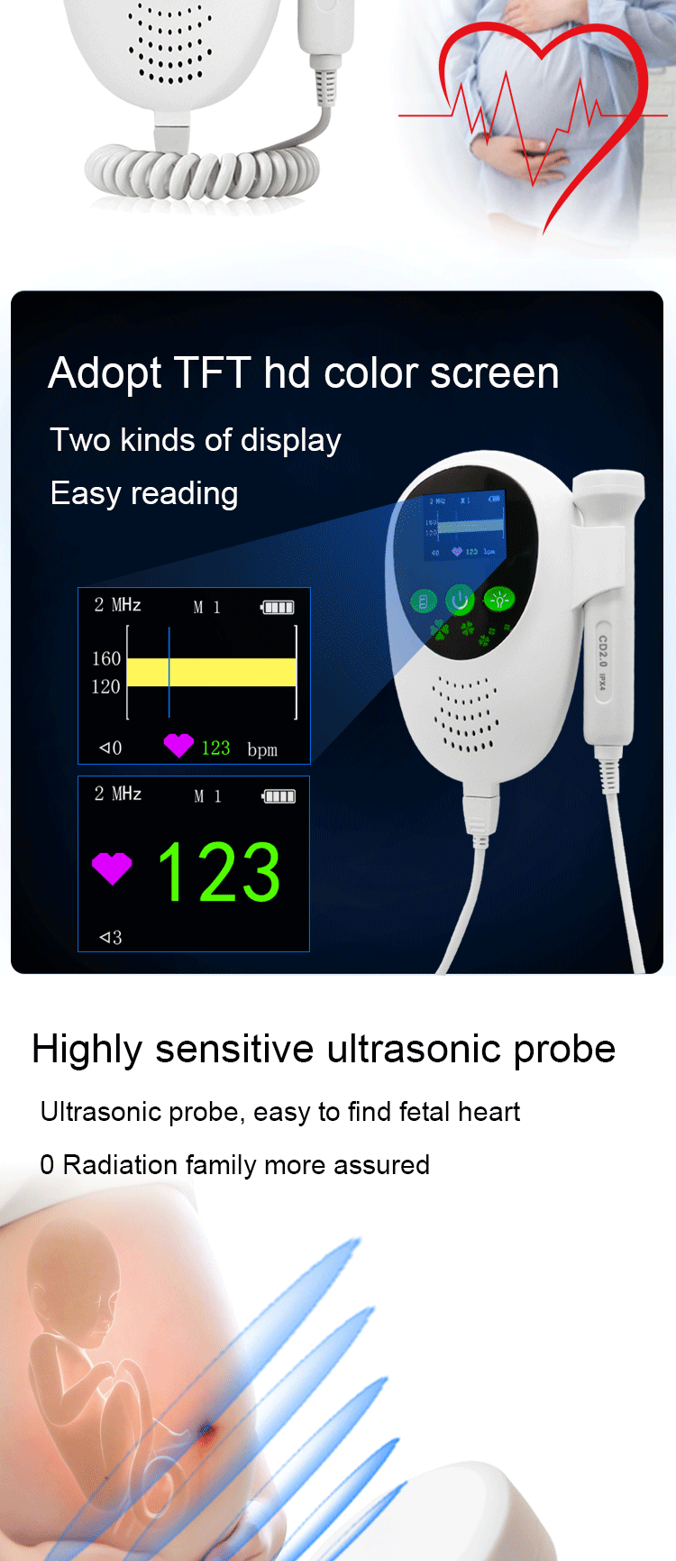 Fetal Doppler Heart Beat Monitor with Free GeL 2Mhz 3mhz Probe Baby Heart Monitor Probe Display the Fetal Heartbeat Waveform