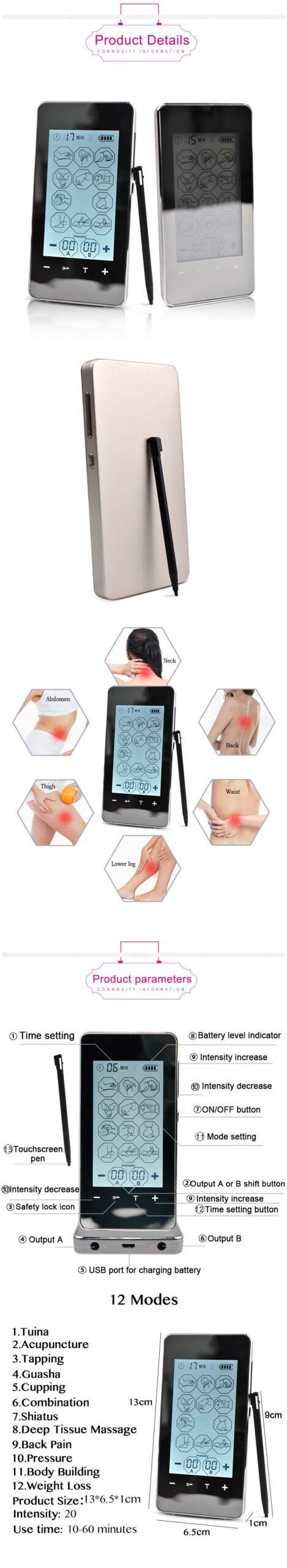 Health Smart Screen Dual-Output 12 Modes TENS/EMS Acupuncture Physiotherapy Electronic Pulse Massager Pain Relief Therapy Device