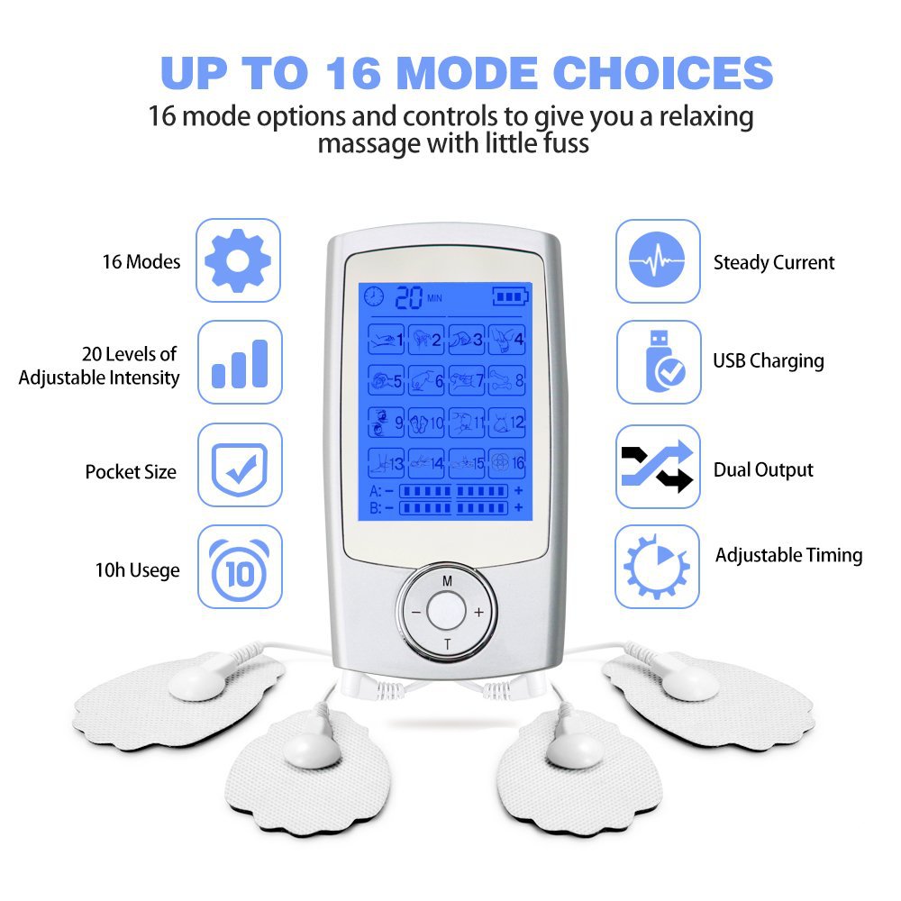 Dual Channel TENS Massager EMS Unit 16 Modes Muscle Stimulator for Pain Relief Therapy Electronic Pulse Muscle Machine 8 Pads