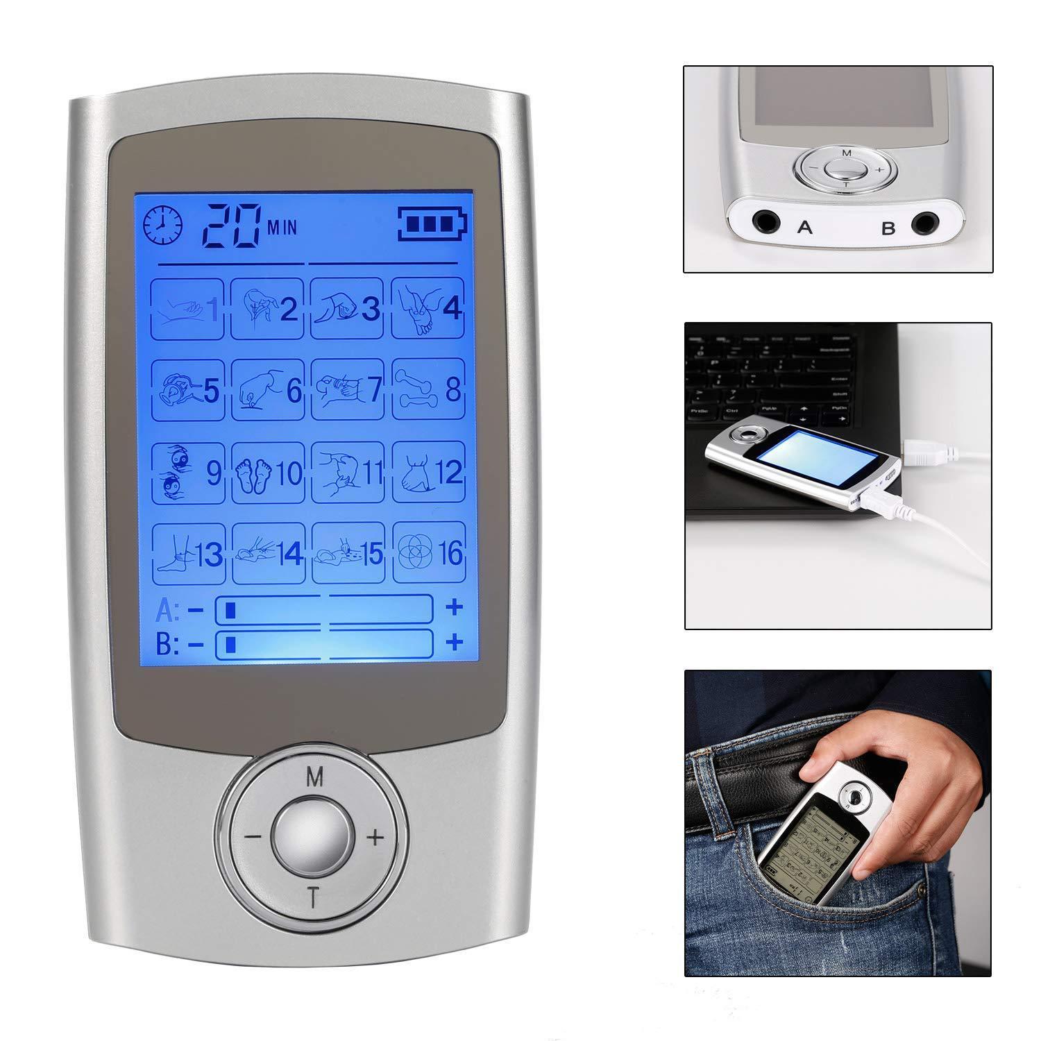 Dual Channel TENS Massager EMS Unit 16 Modes Muscle Stimulator for Pain Relief Therapy Electronic Pulse Muscle Machine 8 Pads