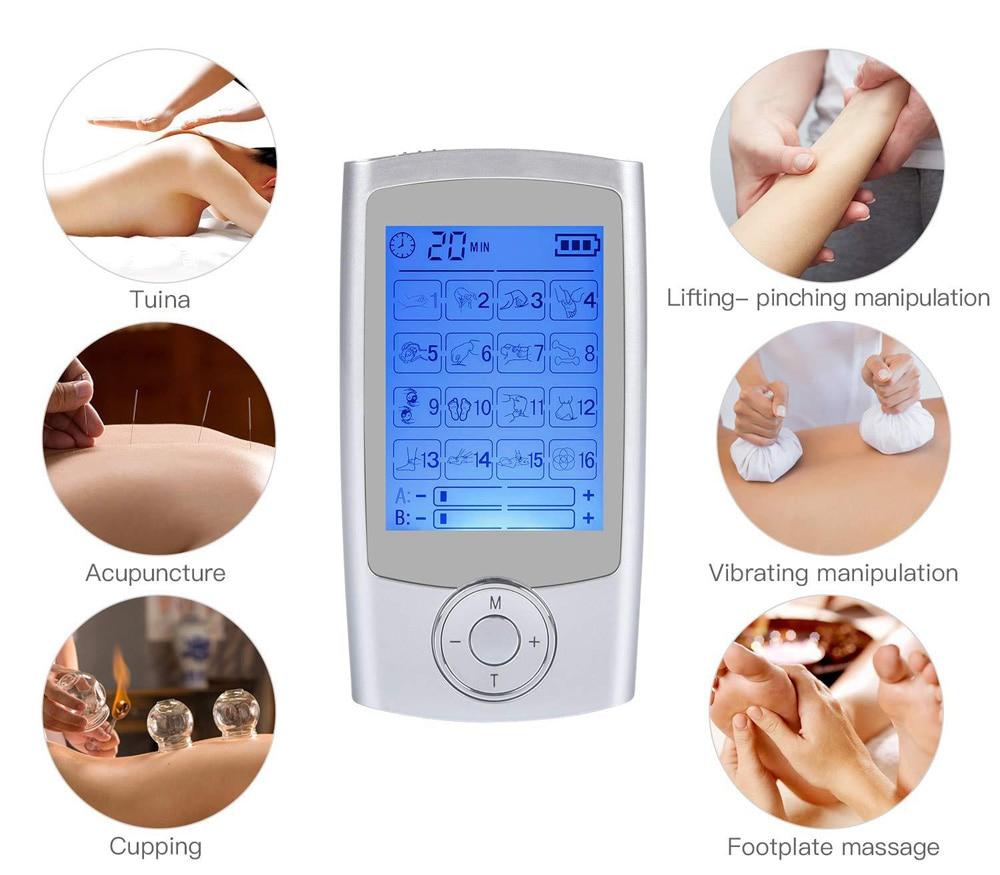 Dual Channel TENS Massager EMS Unit 16 Modes Muscle Stimulator for Pain Relief Therapy Electronic Pulse Muscle Machine 8 Pads