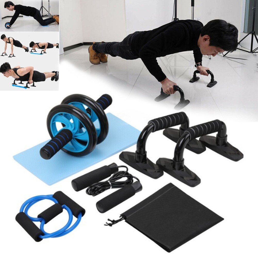 5-in-1 Muscle Trainer Wheel Roller Kit AB Wheel Abdominal Roller With Push UP Bar Jump Rope Knee Pad Gym Home Fitness Equipment