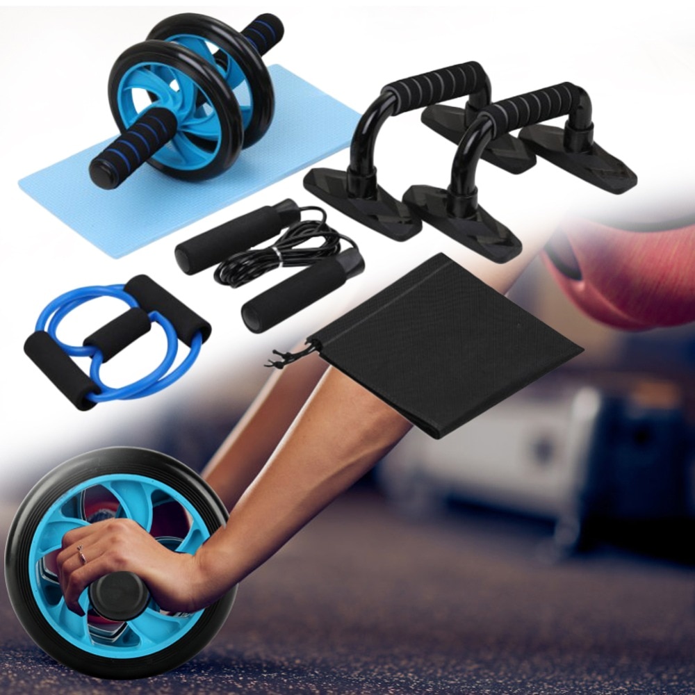 5-in-1 Muscle Trainer Wheel Roller Kit AB Wheel Abdominal Roller With Push UP Bar Jump Rope Knee Pad Gym Home Fitness Equipment