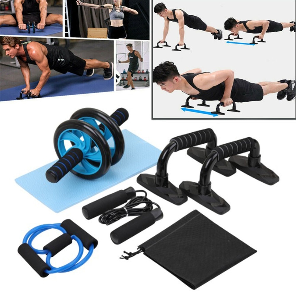 5-in-1 Muscle Trainer Wheel Roller Kit AB Wheel Abdominal Roller With Push UP Bar Jump Rope Knee Pad Gym Home Fitness Equipment