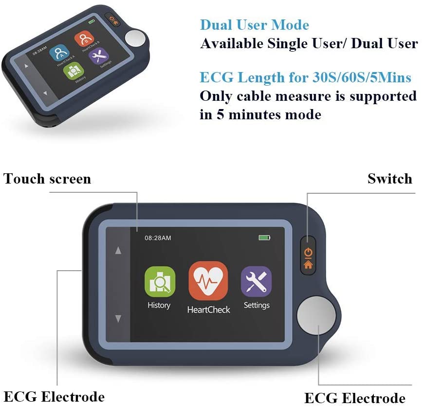 EKG Monitor Portable Heart Monitor Bluetooth ECG Machine 30s/60s/5min Historical Recording Heart Monitoring Dual User