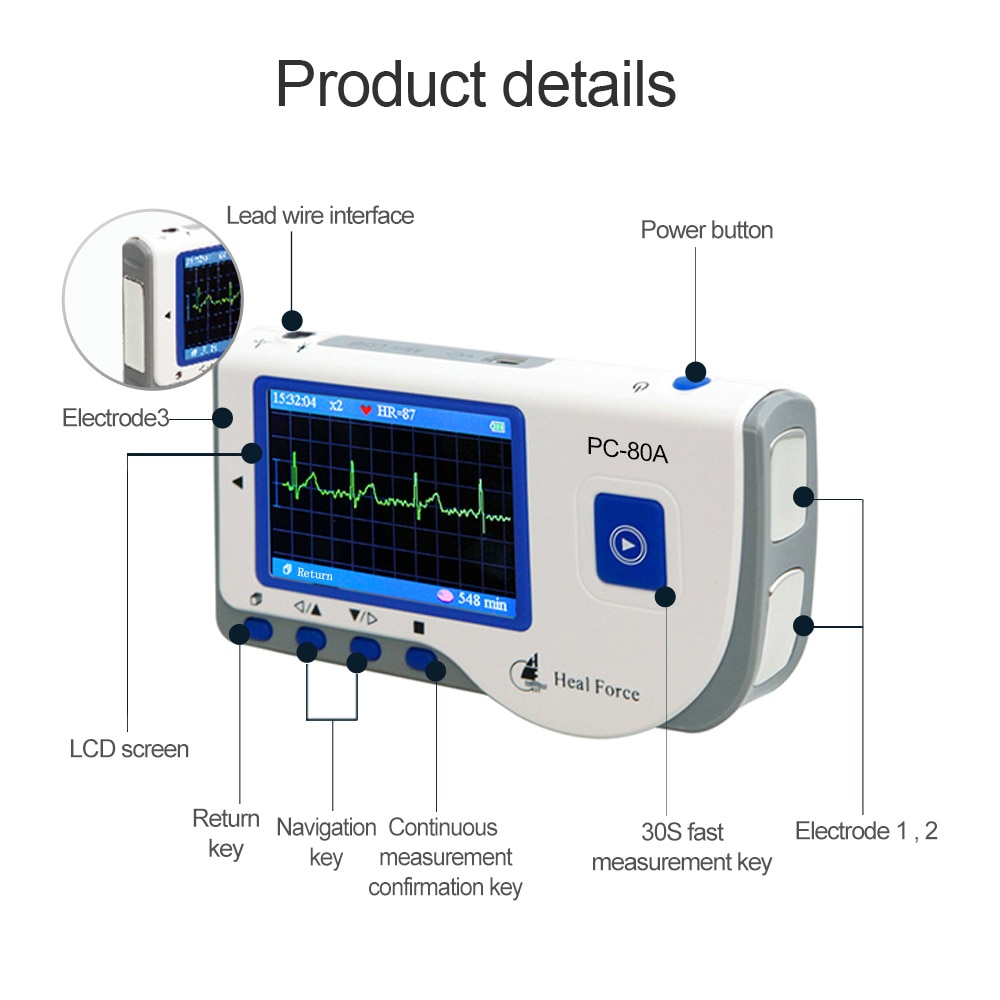 Heal Force Easy ECG Holter Monitor,Portable Household Heart EKG Handheld Heart Monitor with LCD Color Screen