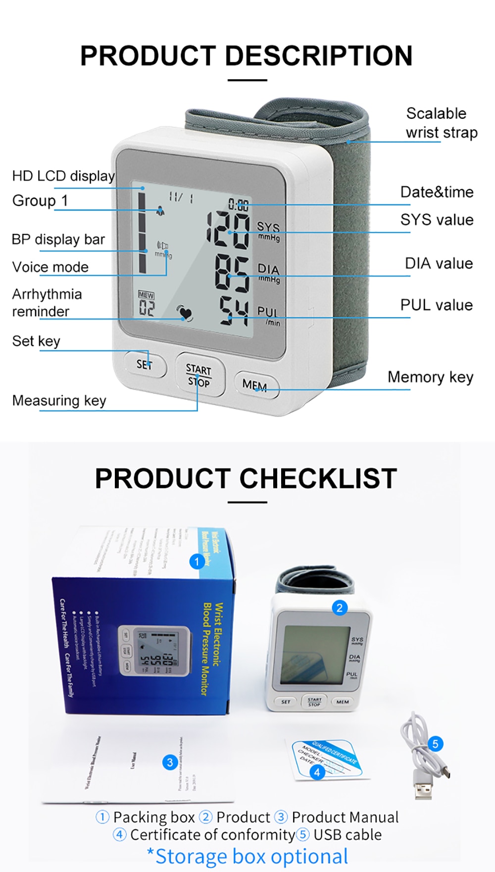 Rechargeable Voice Wrist Blood Pressure Monitor Digital Automatic Tonometer Heart Rate Sphygmomanometer LCD Display EU Box