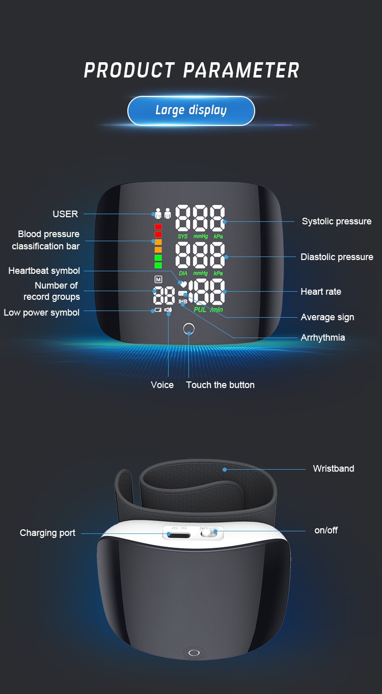 Rechargeable Voice Wrist Blood Pressure Monitor Digital Automatic Tonometer Heart Rate Sphygmomanometer LCD Display EU Box