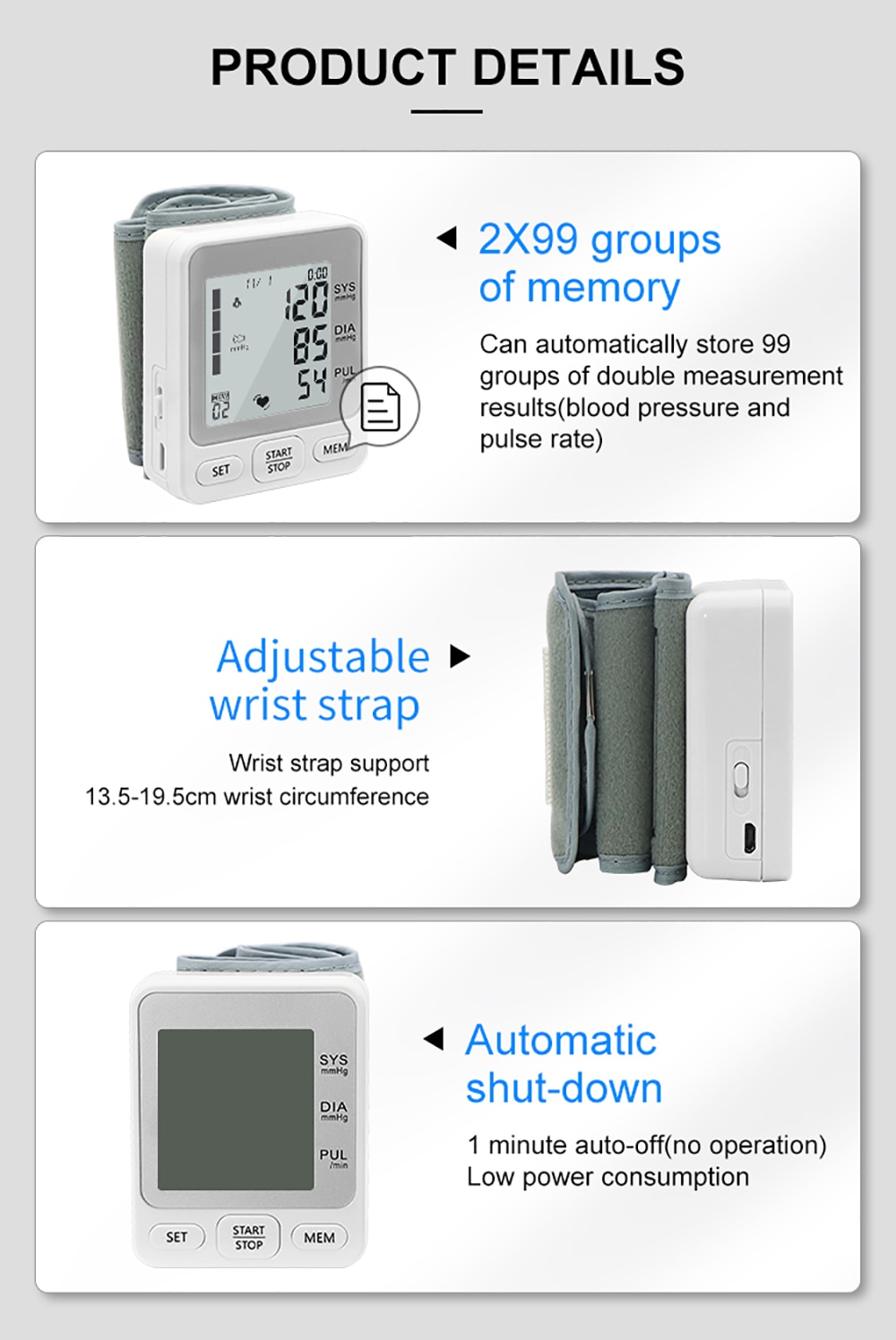 Rechargeable Voice Wrist Blood Pressure Monitor Digital Automatic Tonometer Heart Rate Sphygmomanometer LCD Display EU Box