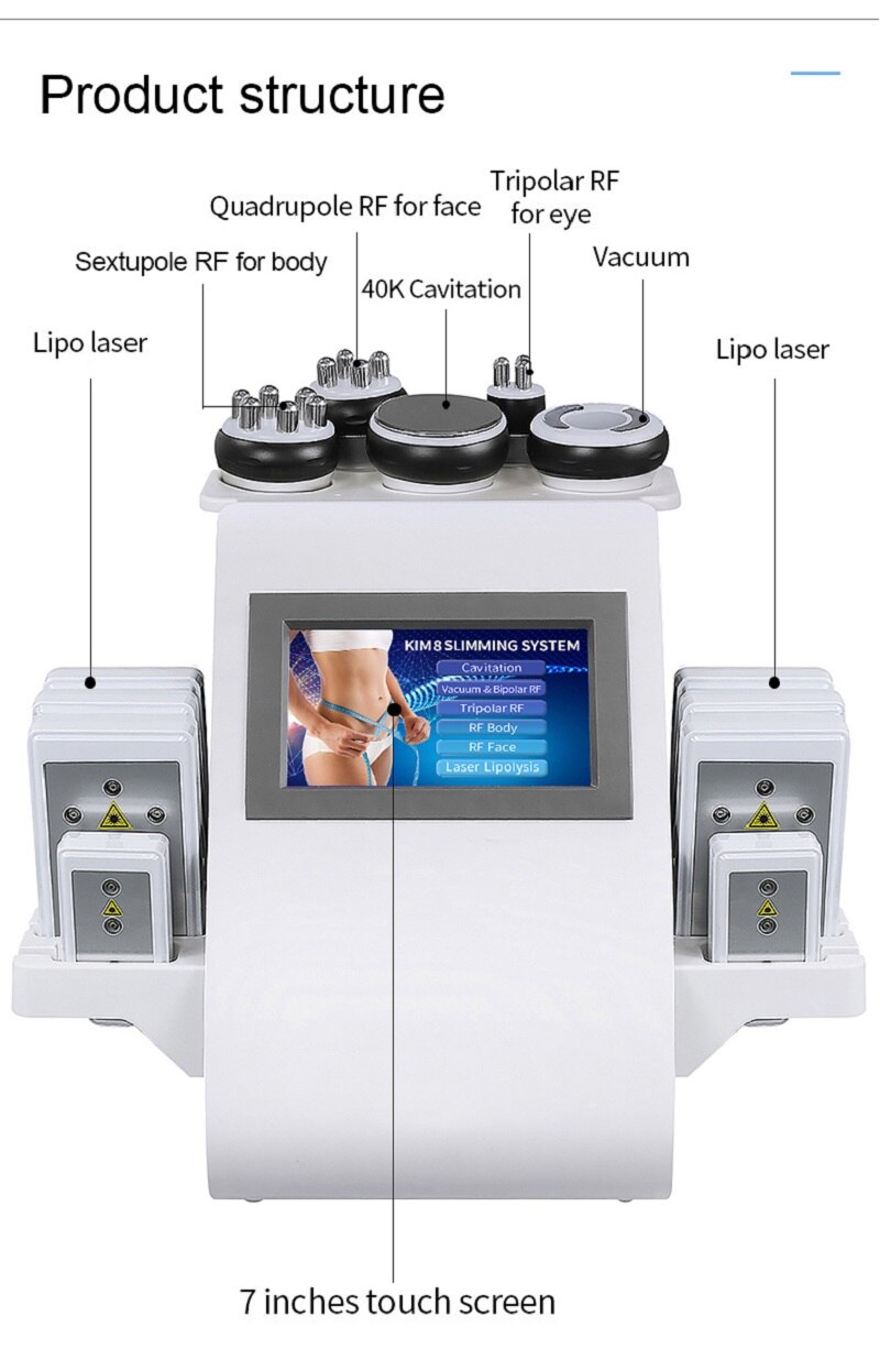 New Arrival 40K Ultrasonic Cavitation Vacuum Radio Frequency Laser 8 Pads Lipo Laser Body Slimming Machine for Spa Touch Screen