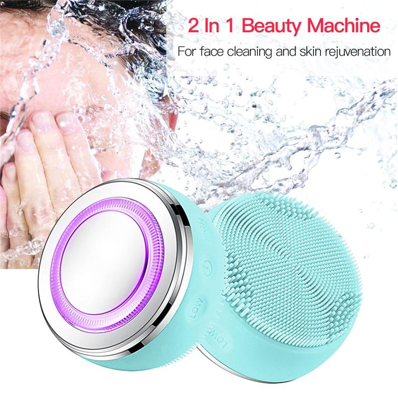 CkeyiN 2 In 1 Sonic Facial Cleansing Brush EMS LED Photon Therapy Hot Compress Face Brush Massager Smart Mask Skin Beauty Device