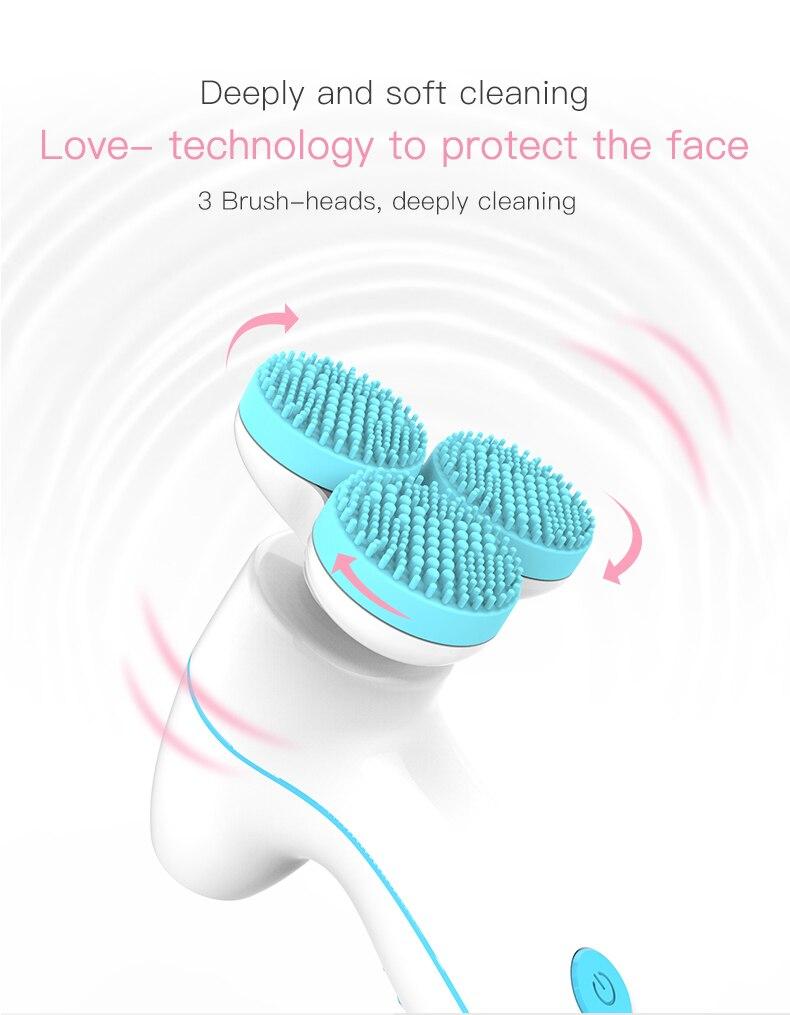 Multifunctional 3D V Shape Triple Detachable Head Brush IPX6 Waterproof Smart Facial Massage Cleaner