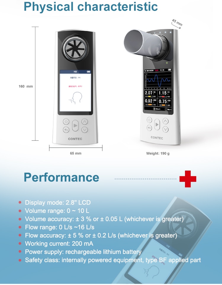 CONTEC SP80B/70B Spirometer Handheld Digital Peak Flowmeter Bluetooth Tester for Lung Volume Function Color Screen