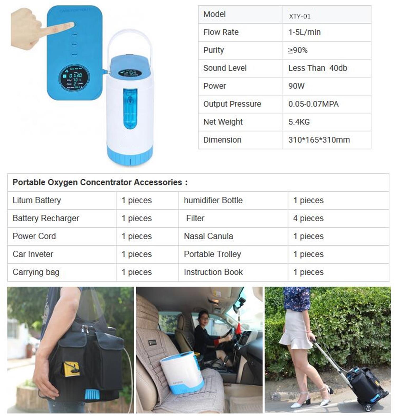 XGREEO Home Car Care Portable Oxygen Concentrator Low Operation Noise Oxygen Machine 90% Concentration Oxygen Generator