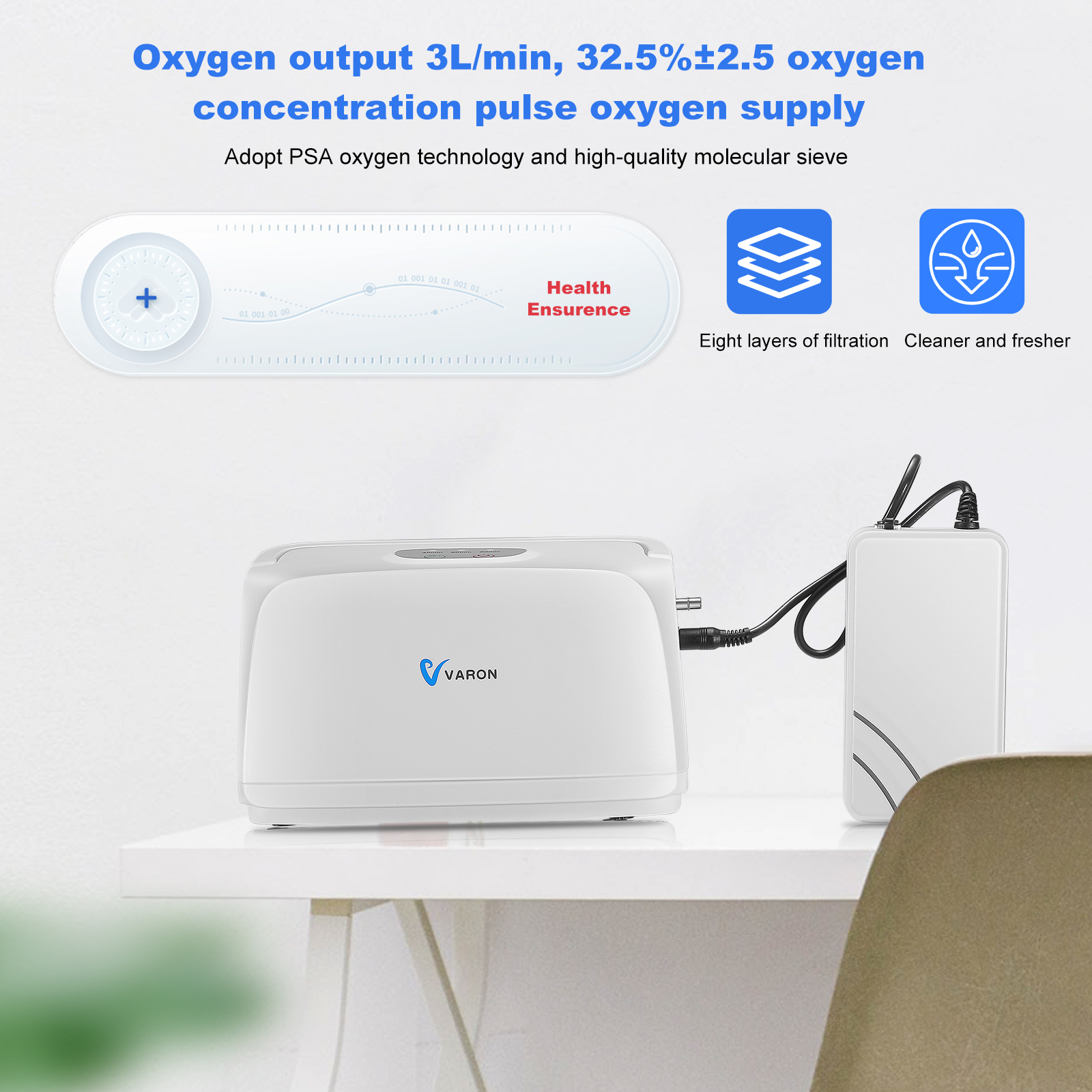 VARON 3L/min Oxygen Concentrator Portable O2 Oxygene Generator Making Machine For Travel Car Home Use Health Care Equipment